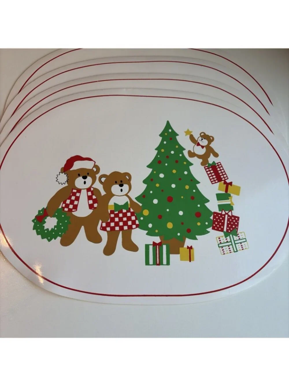 VTG Christmas Teddy Bear Placemat Set of 6 Vinyl Holiday Kitschy 80s 90s Retro